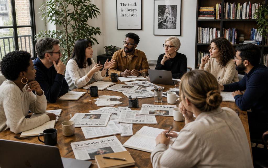 A diverse group of journalists and researchers gather around a wooden table covered with newspapers